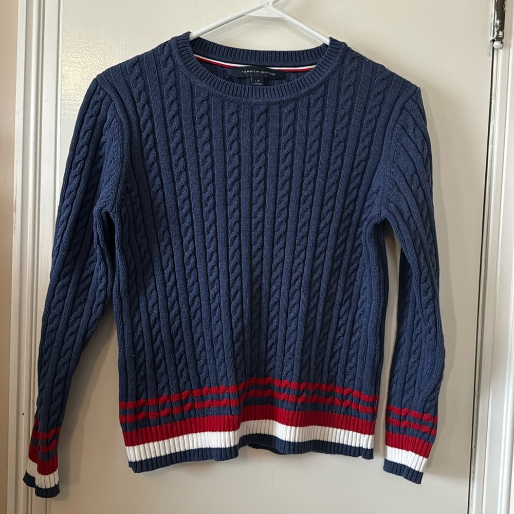 EUC Vintage Tommy Hilfinger Red White and Blue Cable Knit Sweater Size L